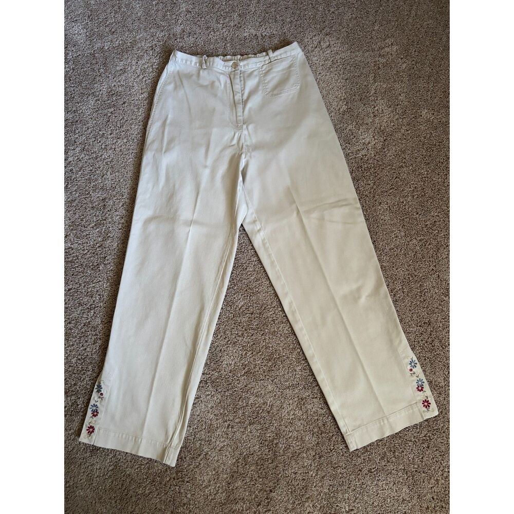 Vintage Pants Womens M Khaki Floral Embroidered Straight Leg Cotton Stretch Y2K